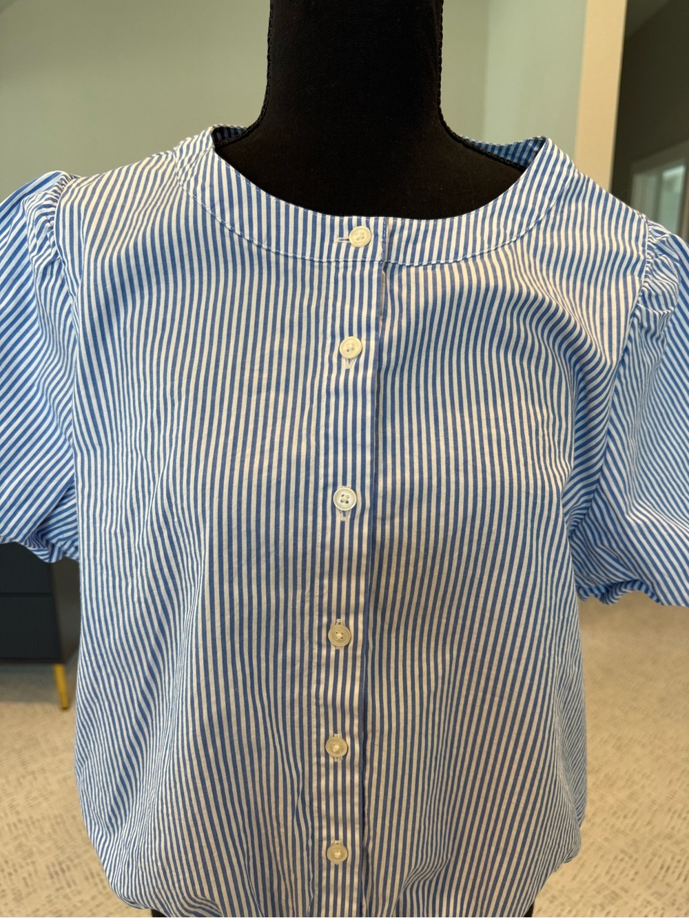 J. Crew Blue and White Striped Puff-Sleeve Button-Front Top - Picture 8 of 9